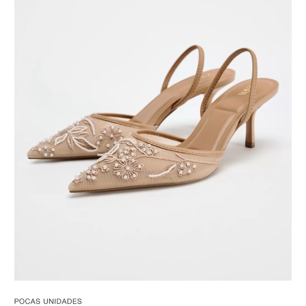 Zara Tan Floral Embroidered Heels